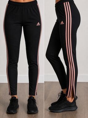 Adidas Black Track Pants Pink Stripes Zip Hem Athletic Leggings – Size S